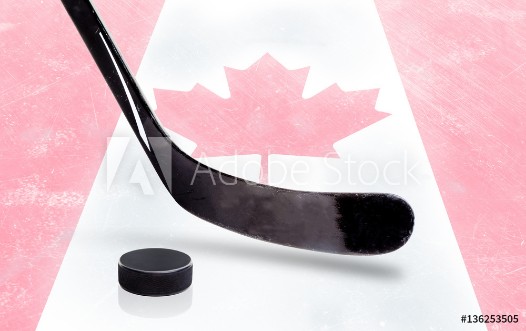 Picture of Hockey Stick and Puck With Canadian Flag on Ice